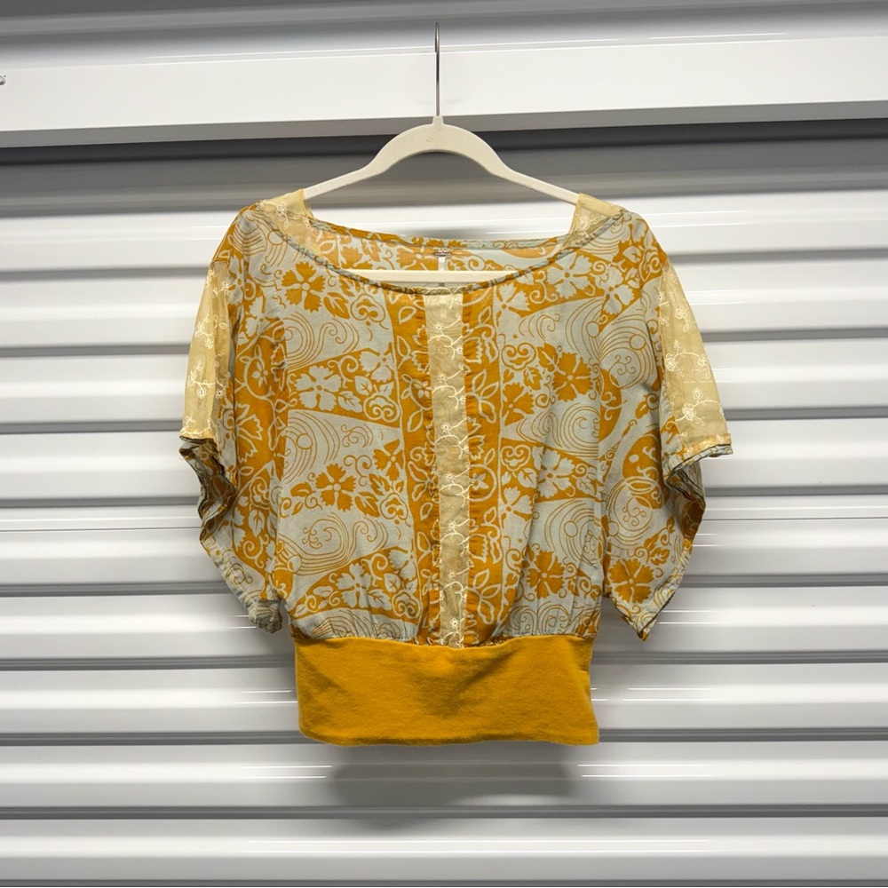 Free People Mustard Floral Batwing Blouse Size 6